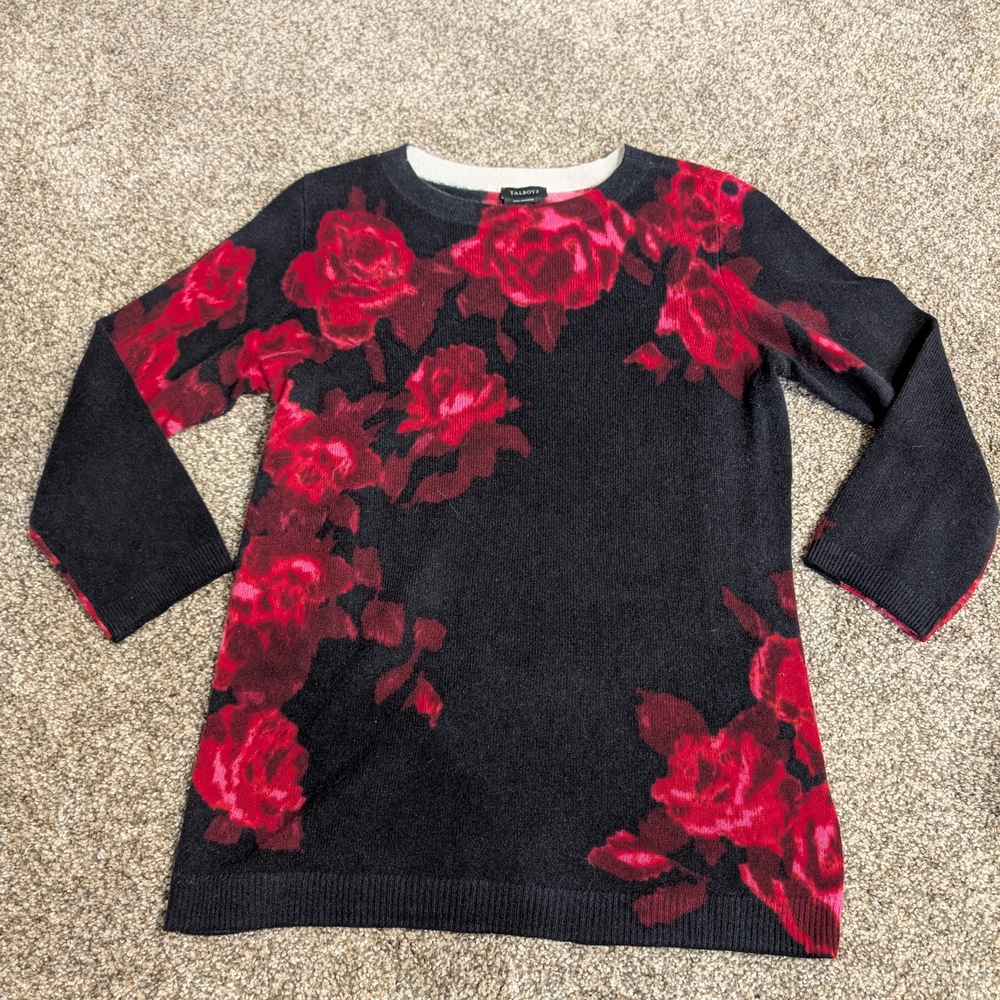 Floral Black and Red Women's Sweater 3/4 Length 100% Cashmere, Dark Academia